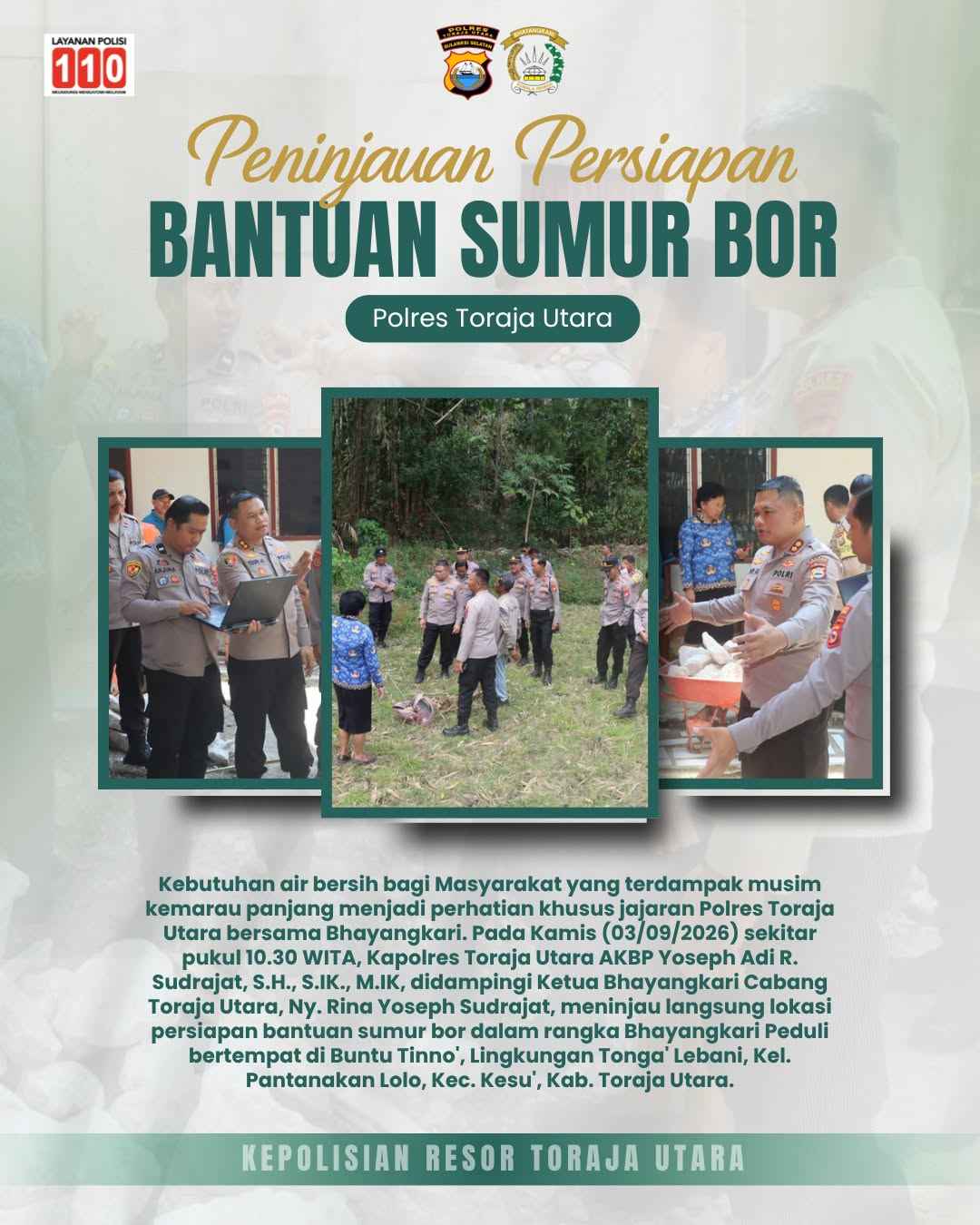 Atasi Krisis Air Bersih, Kapolres Toraja Utara Tinjau Lokasi Bantuan Sumur Bor Bhayangkari Peduli di Kesu’