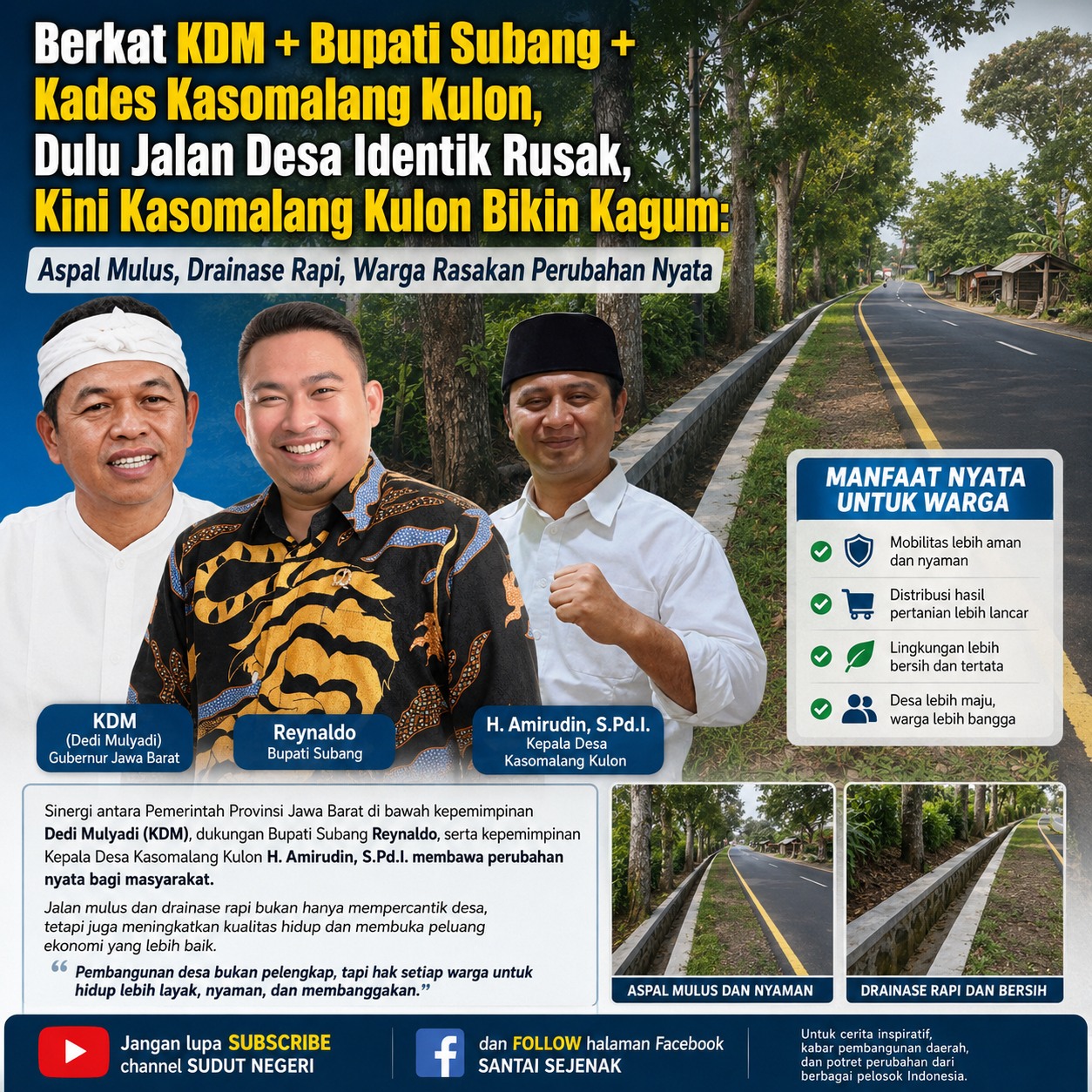 Berkat KDM + Bupati Subang + Kades Kasomalang Kulon, Dulu Jalan Desa Identik Rusak, Kini Kasomalang Kulon Bikin Kagum: Aspal Mulus, Drainase Rapi, Warga Rasakan Perubahan Nyata