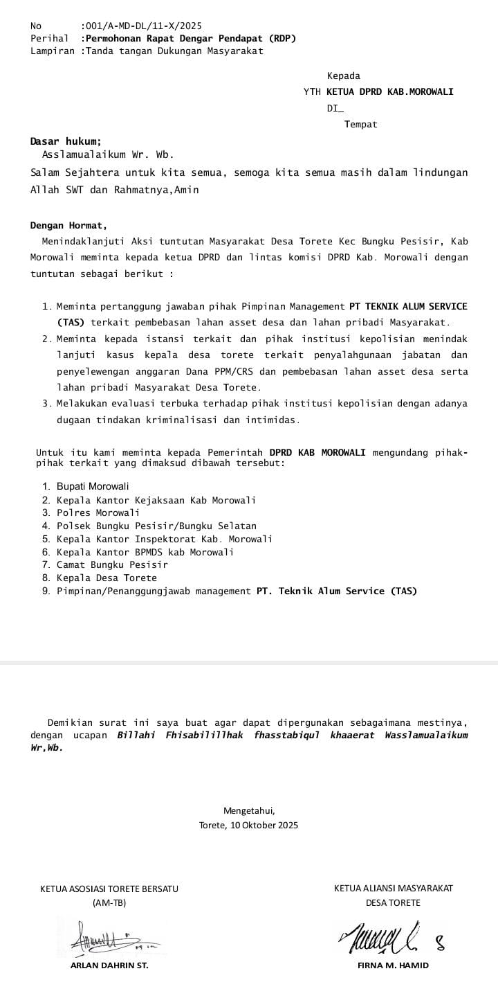 Masyarakat Torete Layangkan Surat Permohonan RDP Ke DPRD Morowali