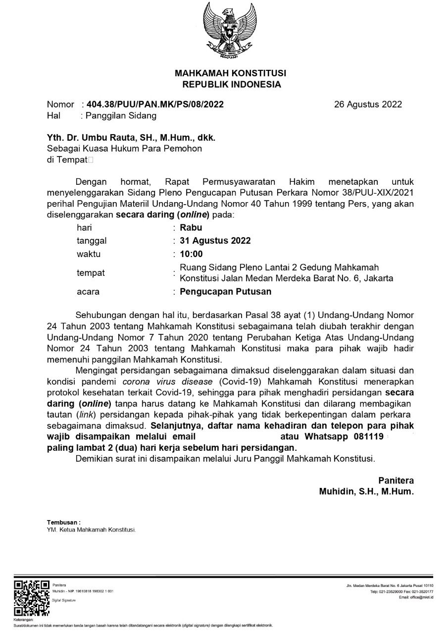 Menanti Putusan MK Kembalikan Hak Regulator Kepada Organisasi Pers