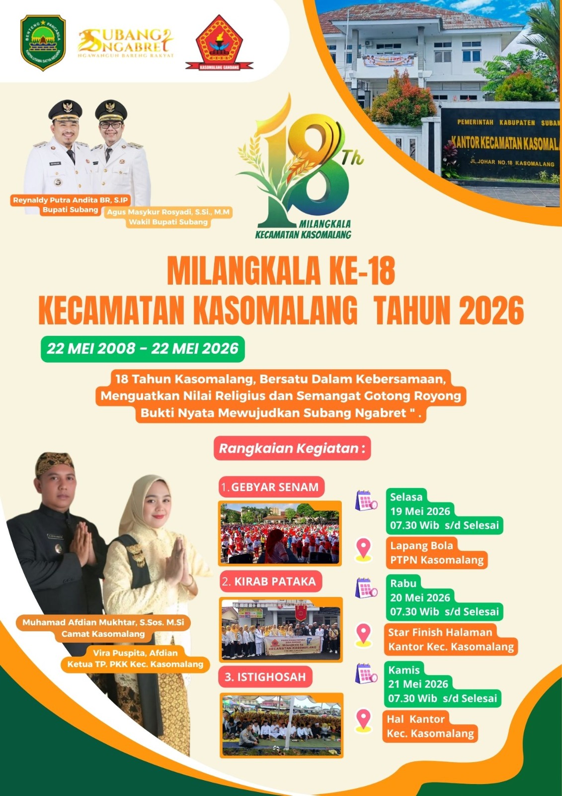 Milangkala Ke - 18 Kecamatan Kasomalang Mengusung Tema “18 Tahun Kasomalang Bersatu Dalam Kebersamaan Menguatkan Nilai Religius dan Semangat Gotong Royong,Bukti Nyata Subang Ngabret  "